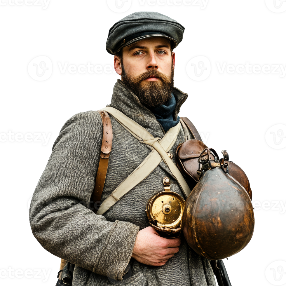 Young man in military attire poses with canteen png