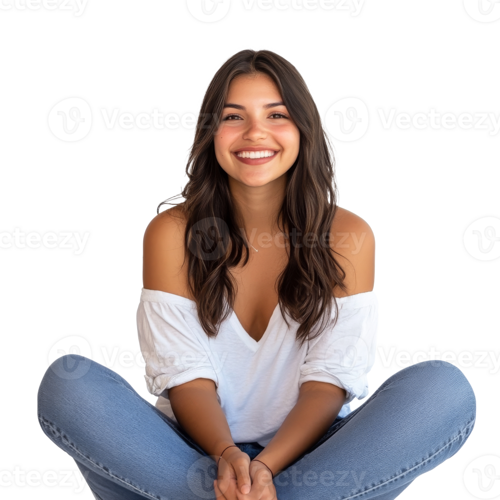 Young woman smiling while sitting in casual attire png