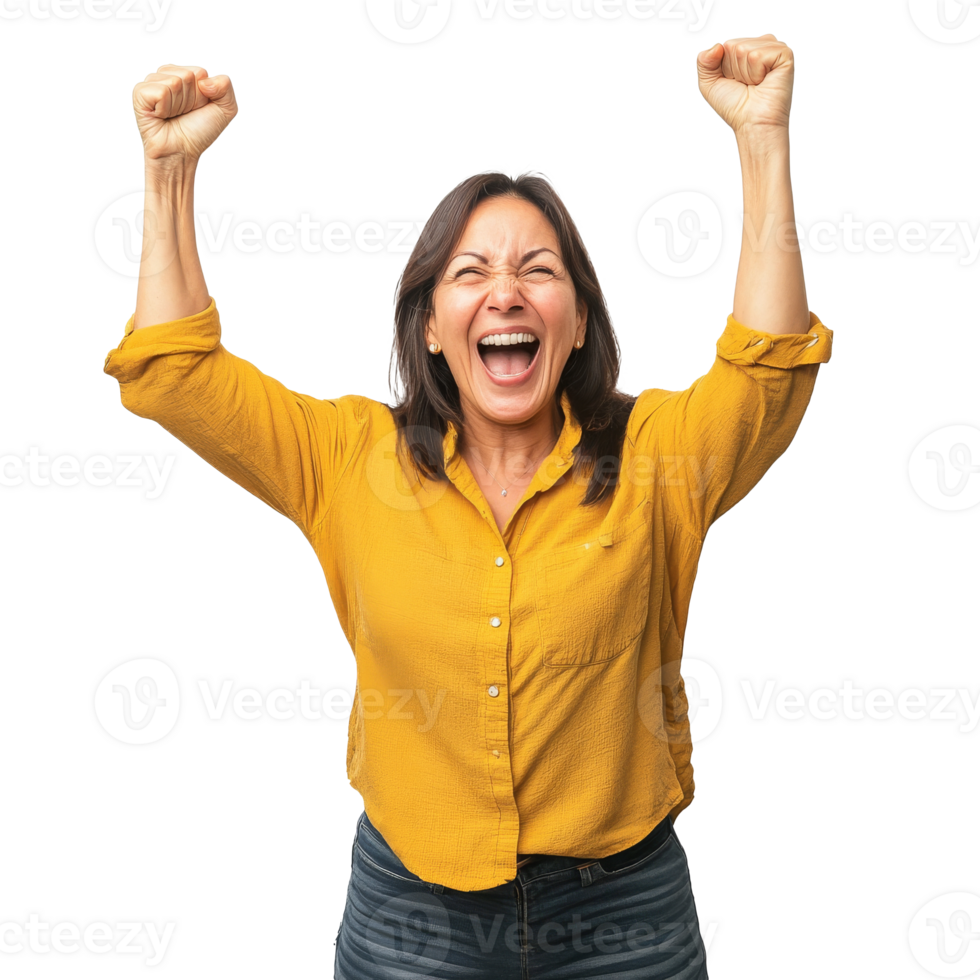 Happy woman celebrating success with raised fists png