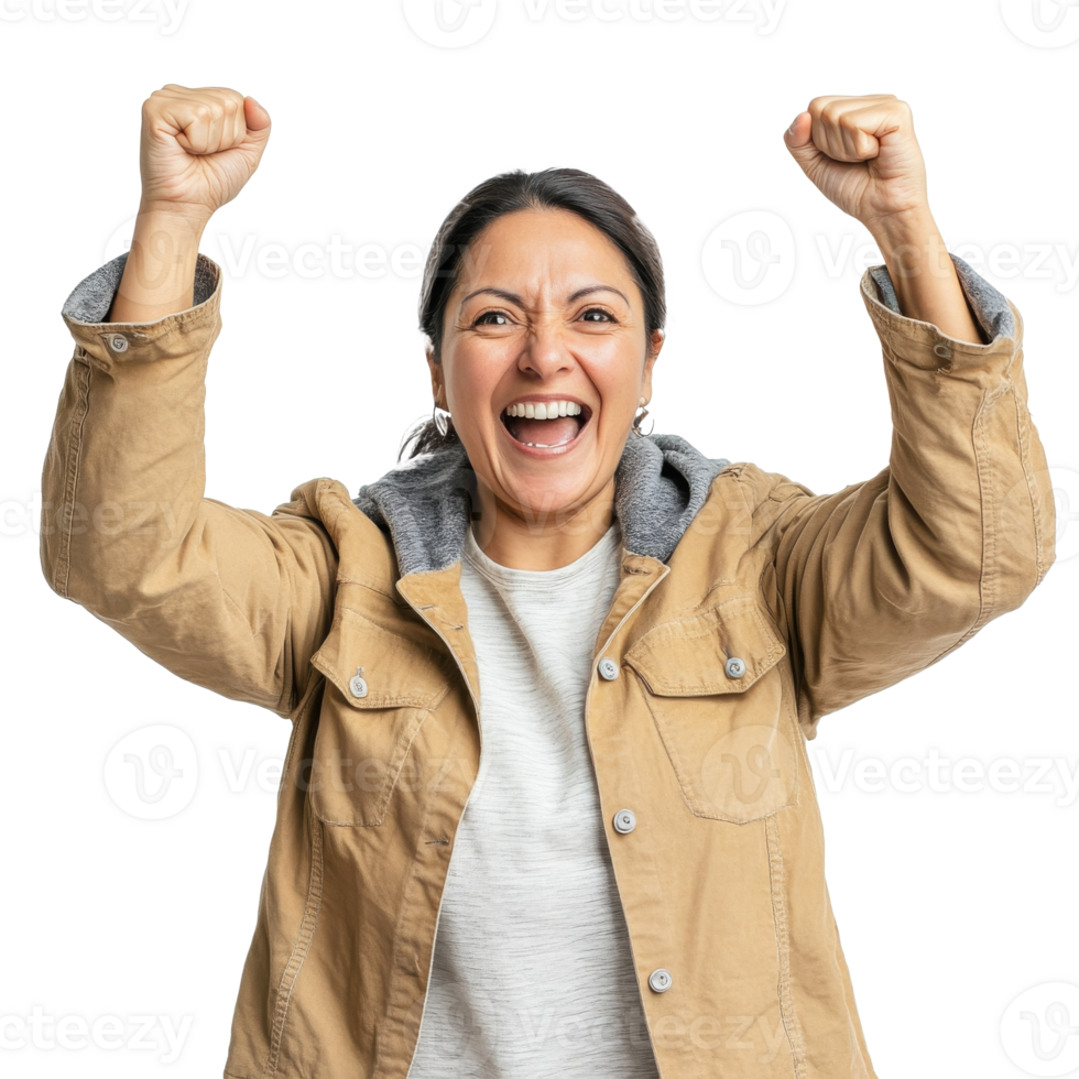 Joyful woman celebrating success indoors png