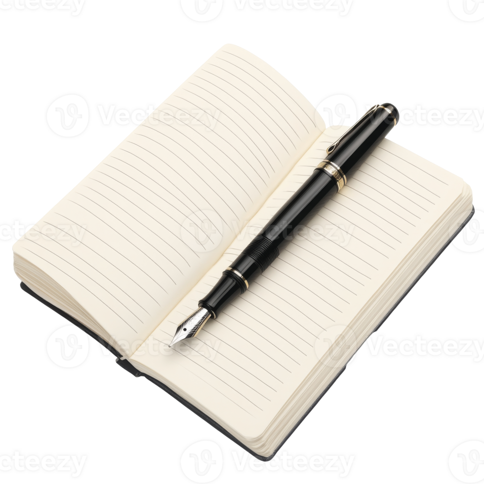 Elegant pen resting on an open notebook at a desk png