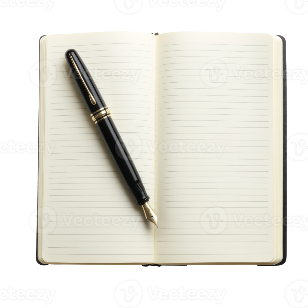 A pen resting on an open notebook ready for notes png