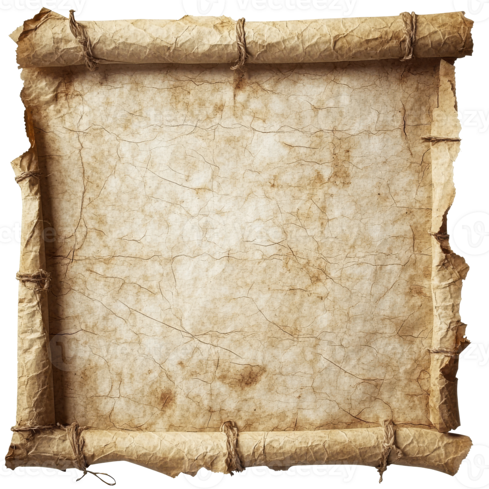 Old curled parchment with rough edges on display png