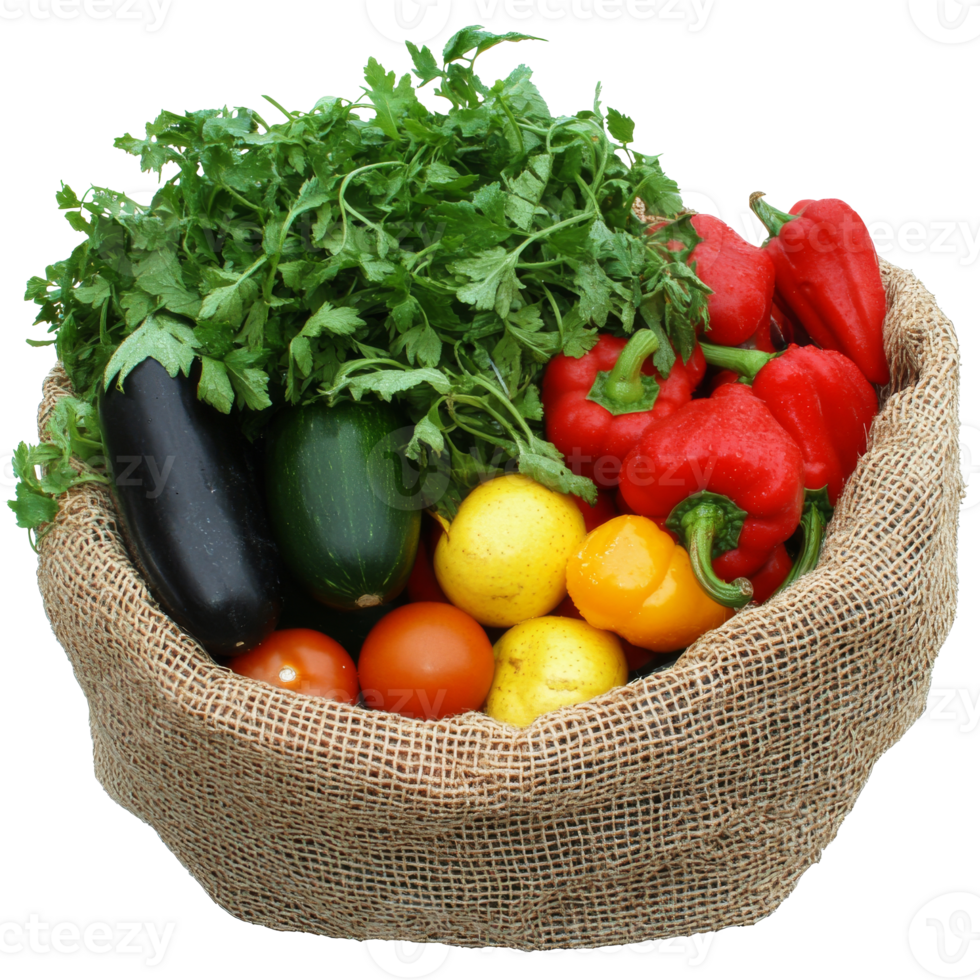 Fresh vegetables and herbs in a burlap basket png