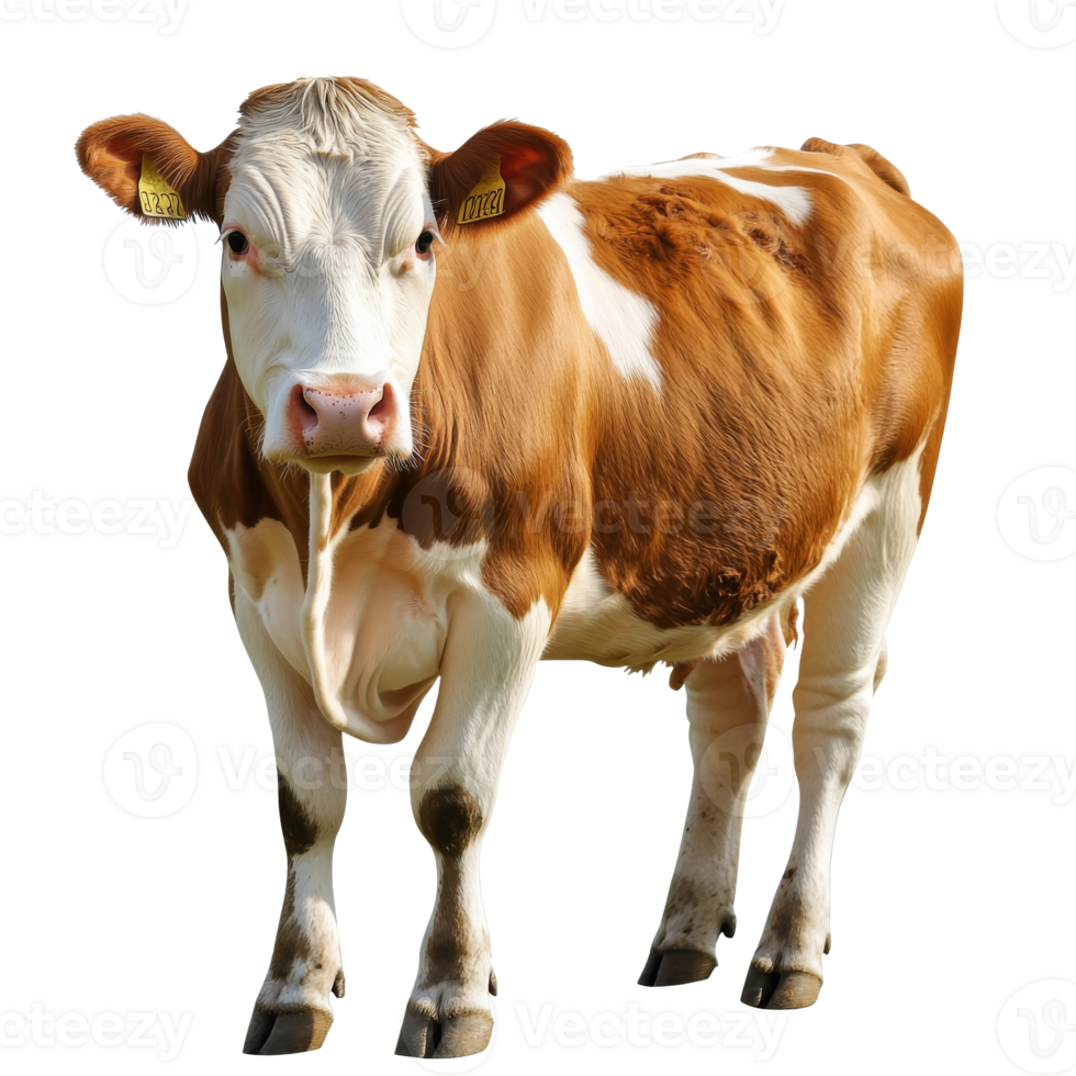Brown and white cow standing on a farm in daylight png