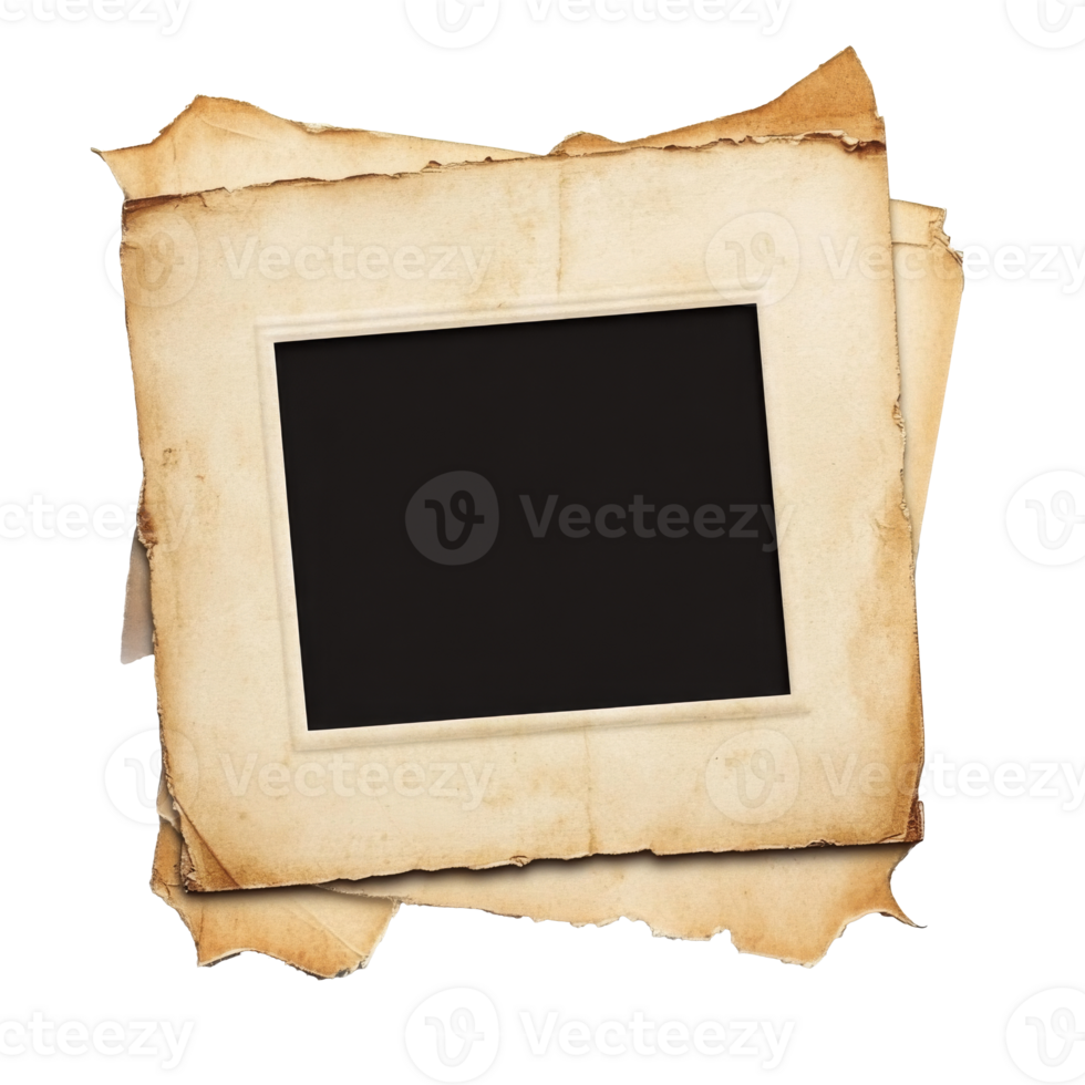 Vintage empty photo frame with torn edges on white png
