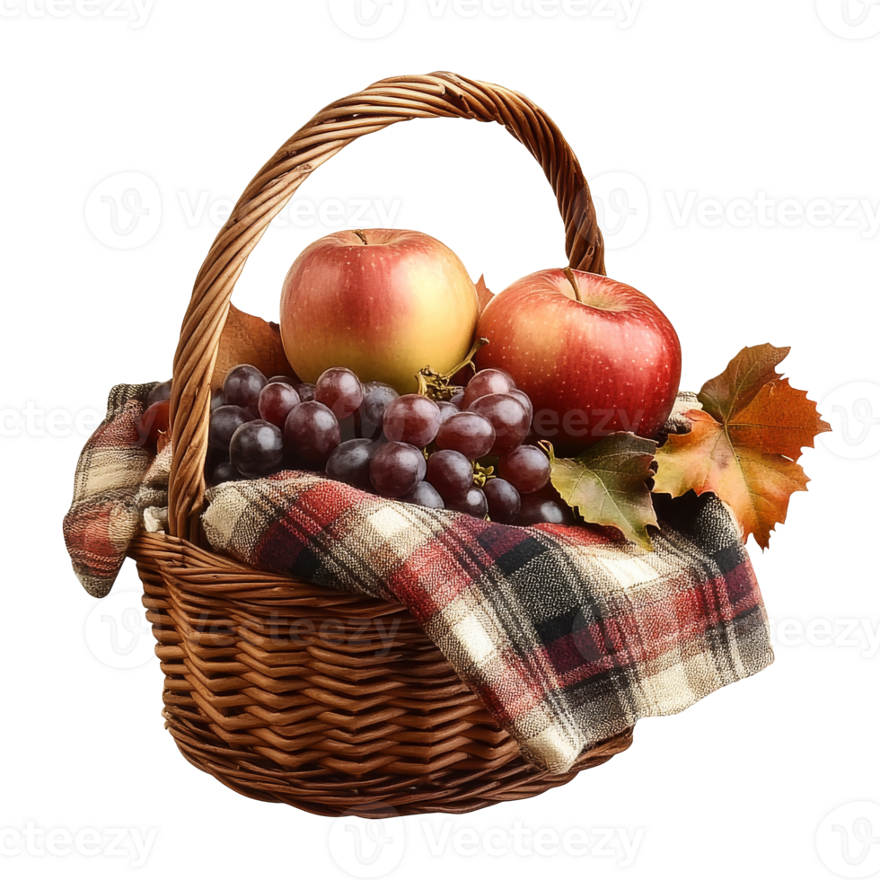 A woven basket filled with apples and grapes png