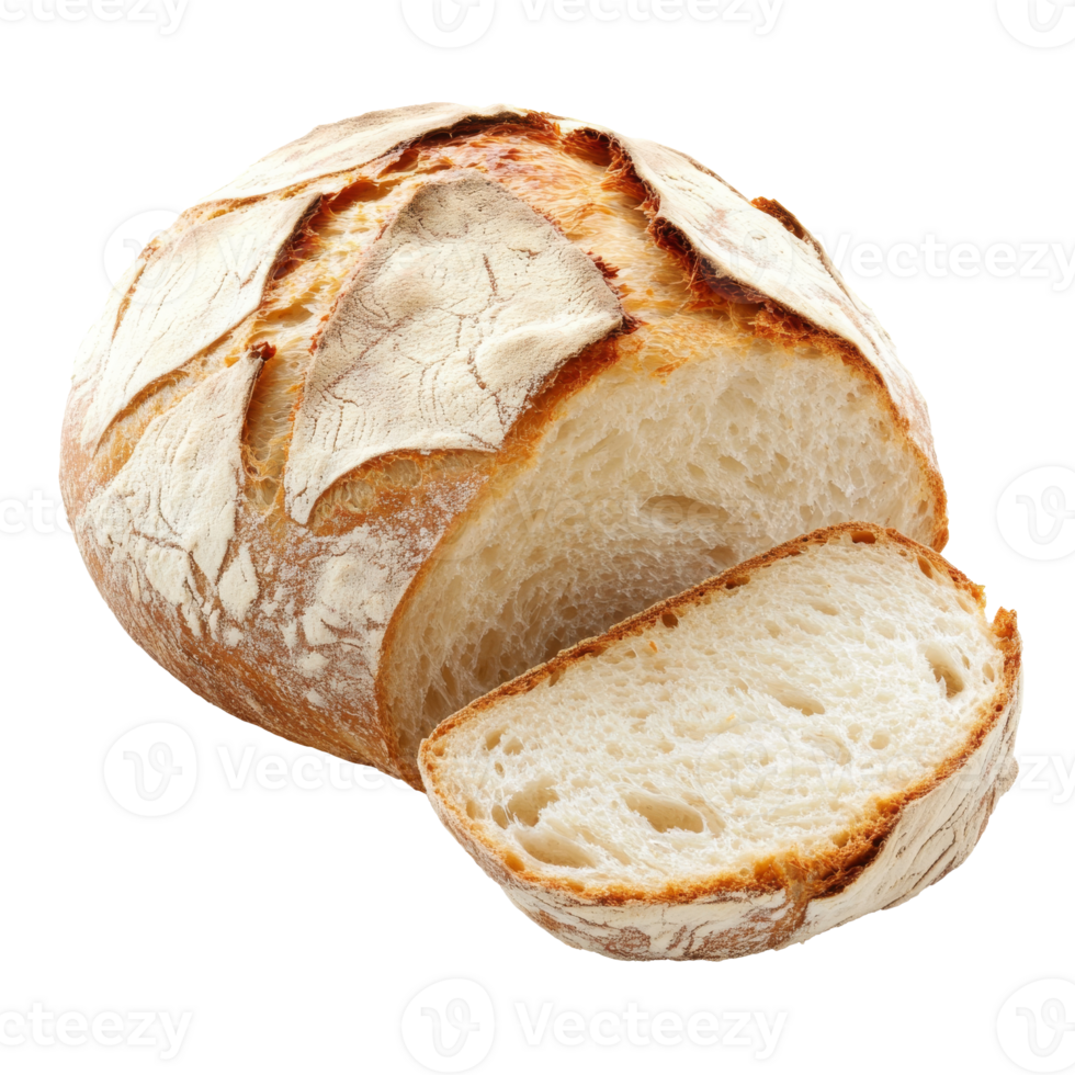 Fresh loaf of sourdough bread sliced on a table png