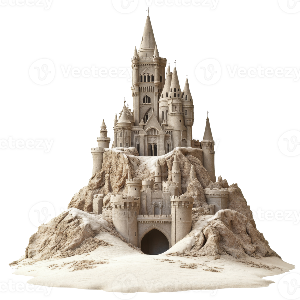 Intricate sandcastle built on a sandy beach png