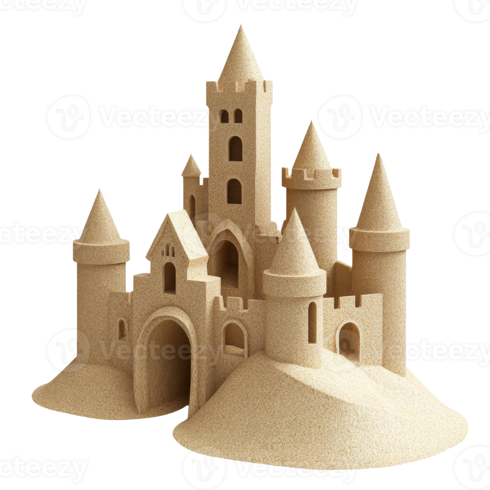 Beautifully crafted sand castle on a beach png
