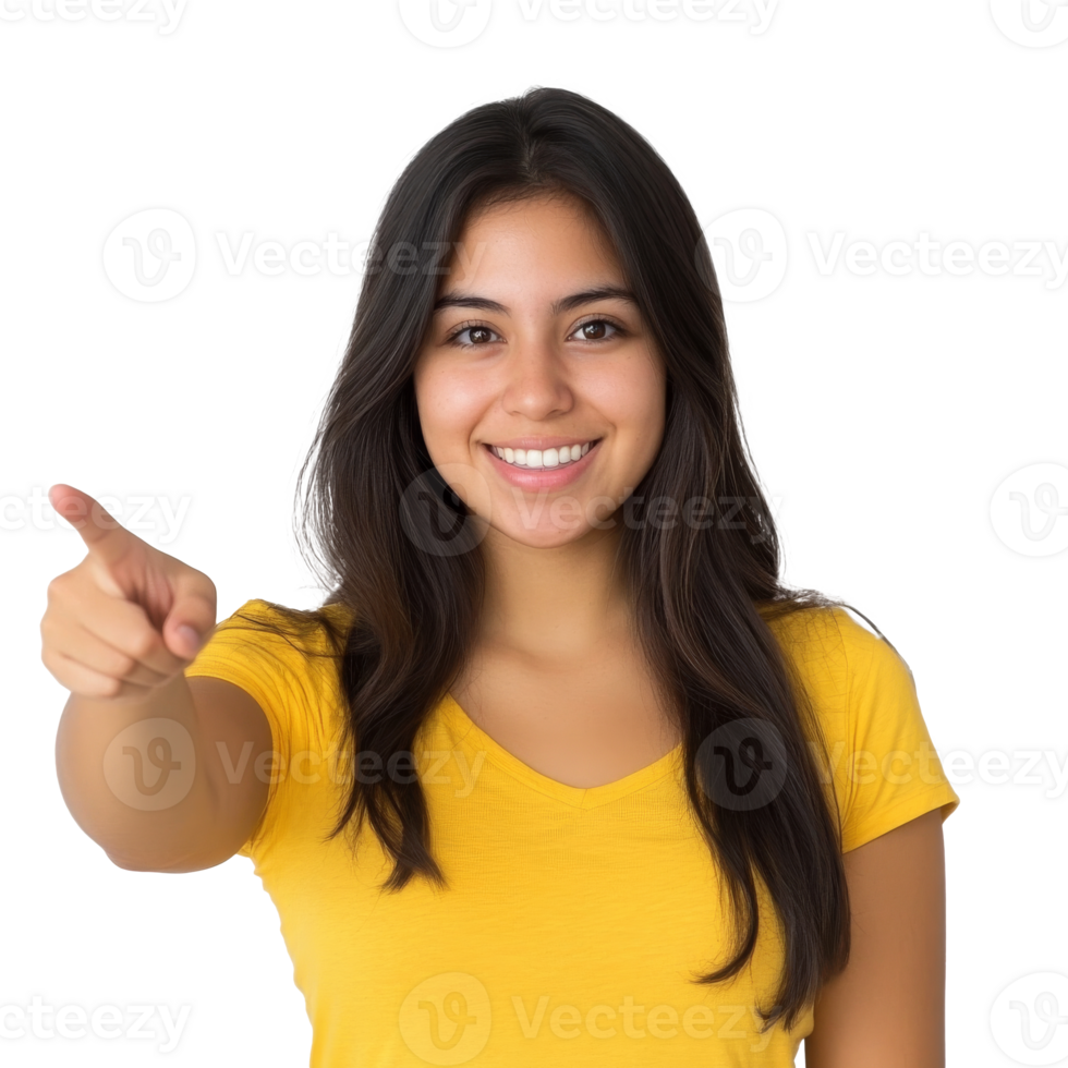 Smiling woman pointing in bright studio png
