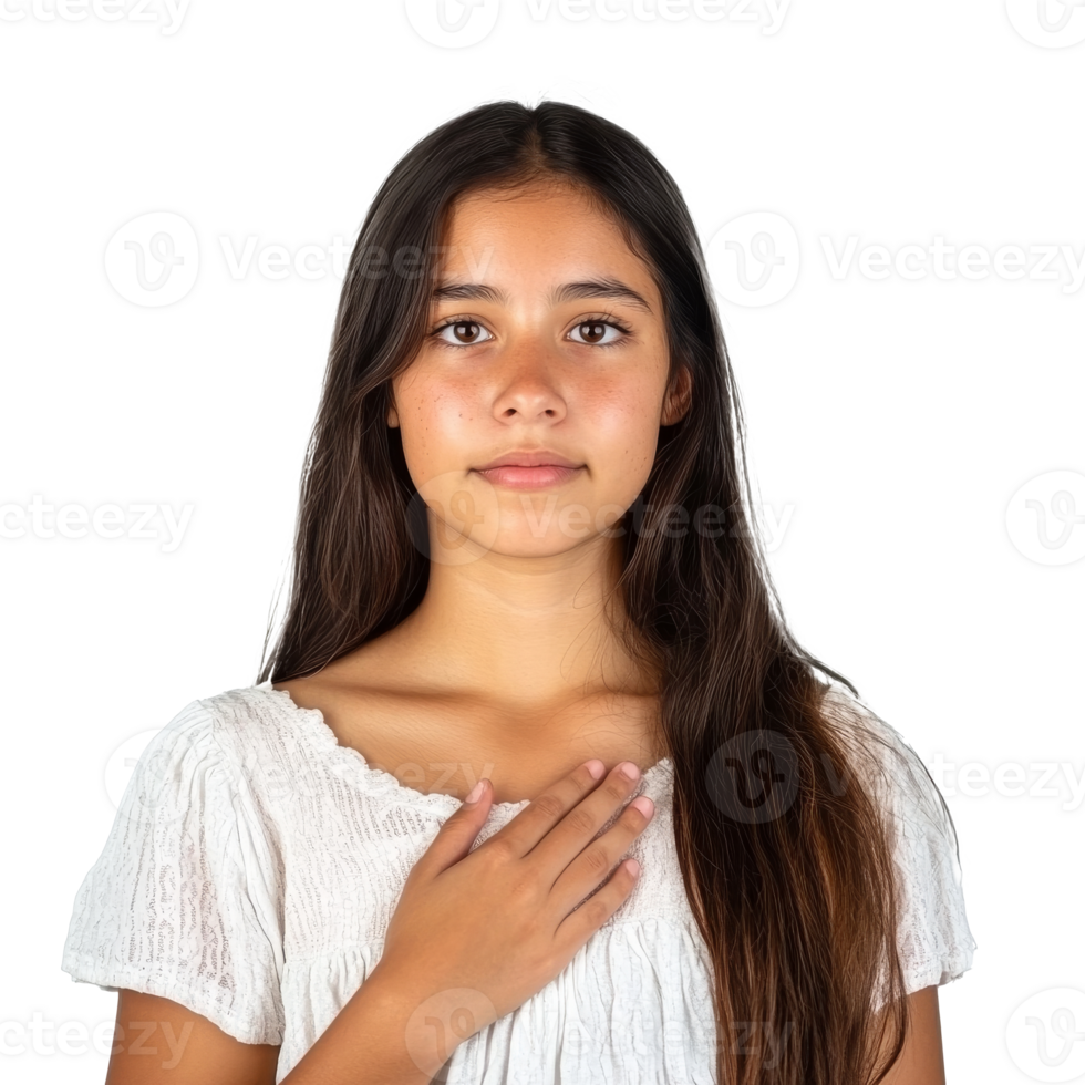Girl in white blouse, sincere expression png