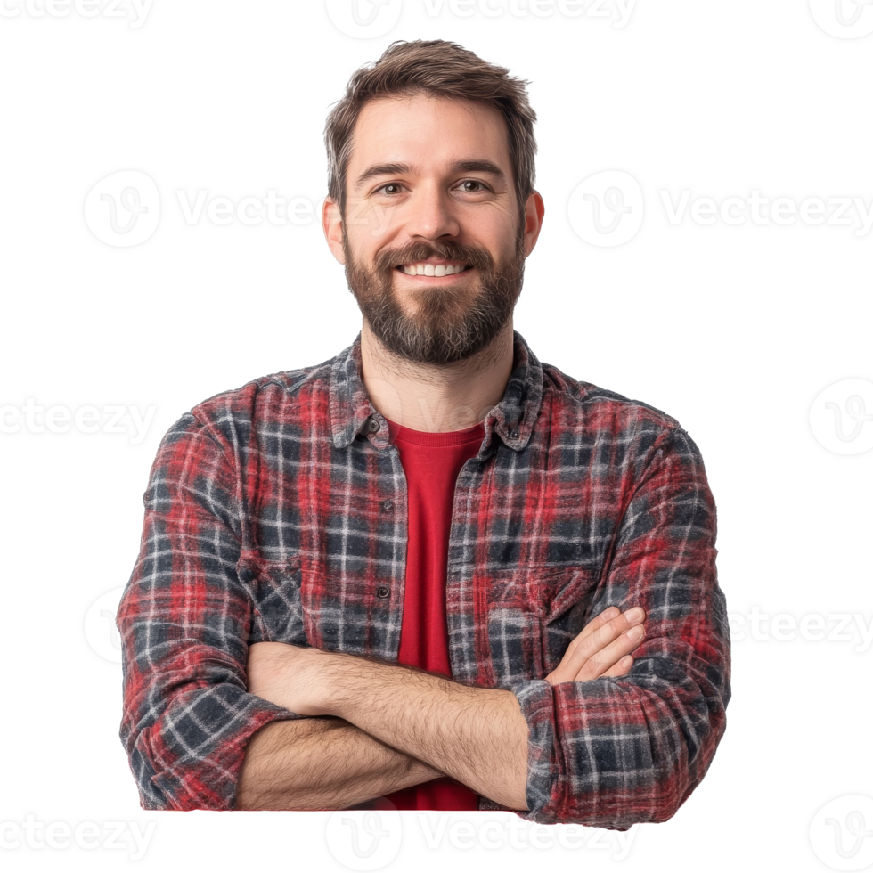Man smiling in flannel with arms crossed png