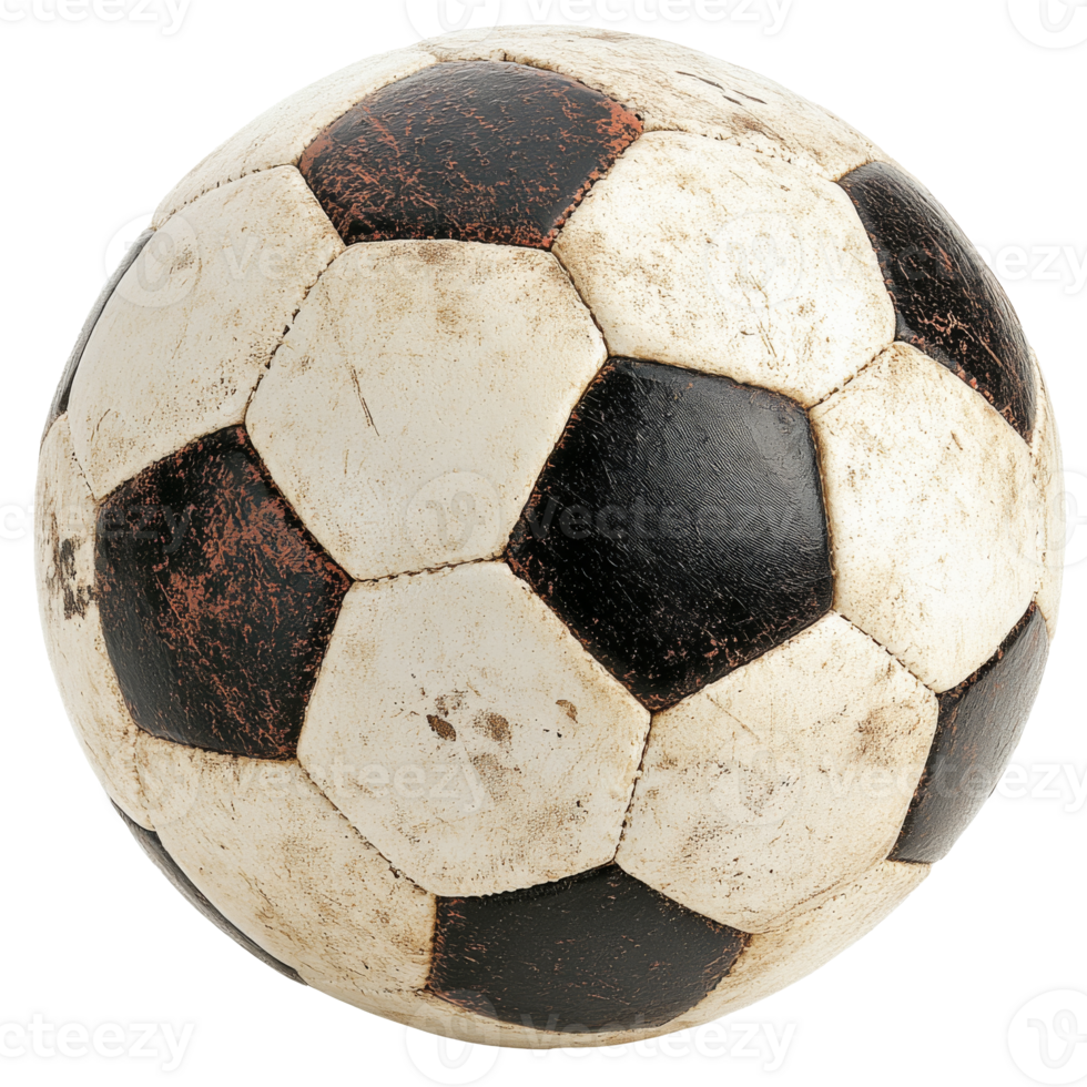Worn soccer ball sitting on a grassy field png