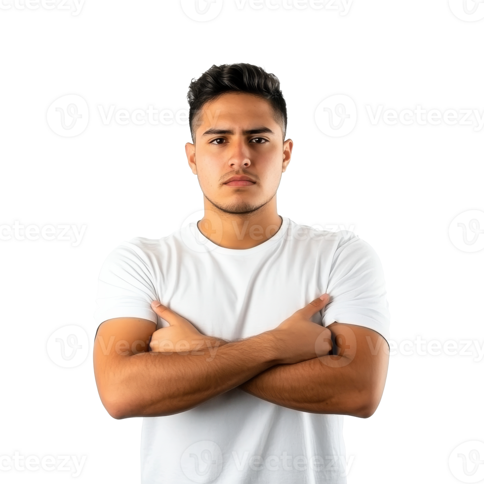 Young man crossing arms with a serious expression png