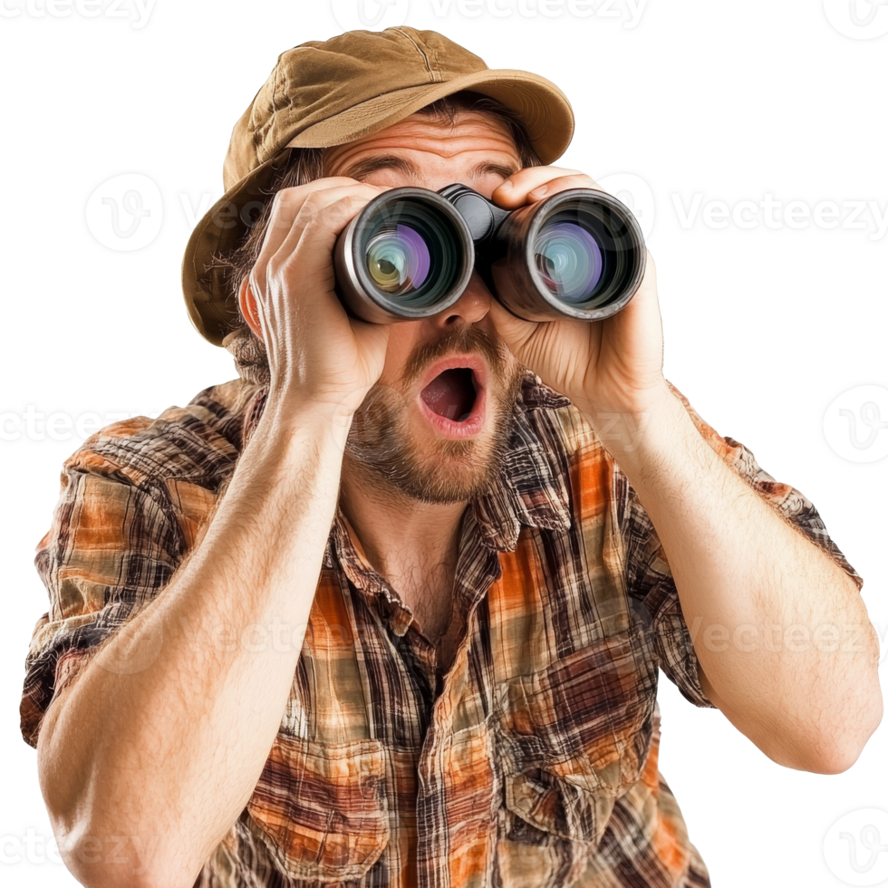 Man observing wildlife with binoculars in nature png