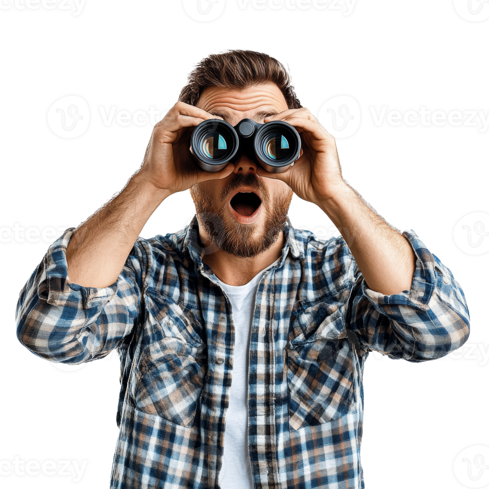 Man in plaid shirt looks through binoculars png