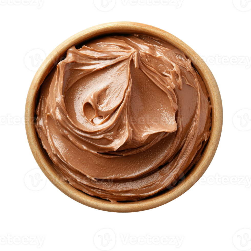 Creamy chocolate spread in a wooden bowl on table png