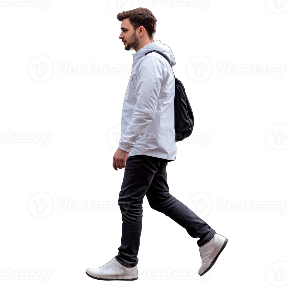 Young man walking in casual attire with backpack png