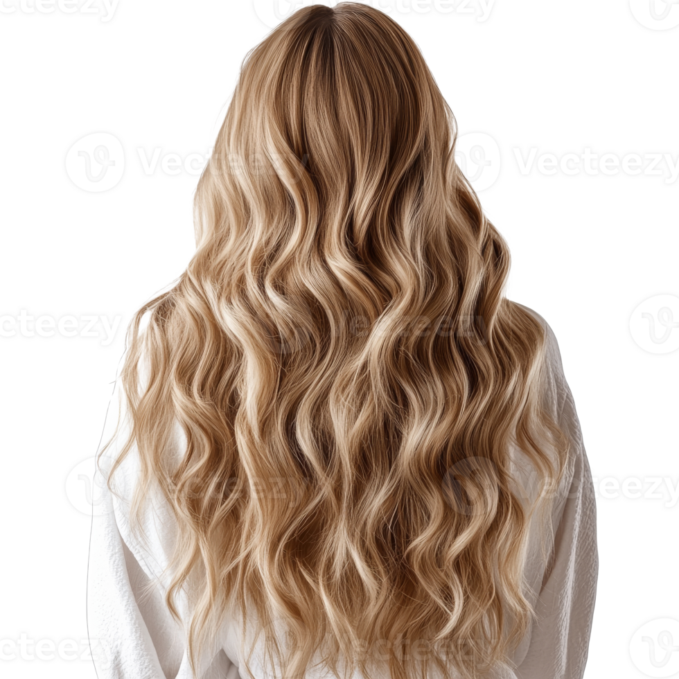 Woman with long wavy hair in a white robe indoors png