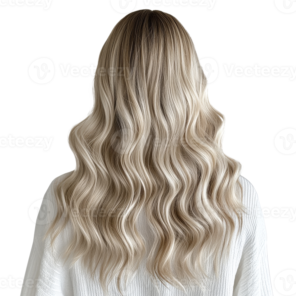 Long wavy blonde hair styled for winter fashion png