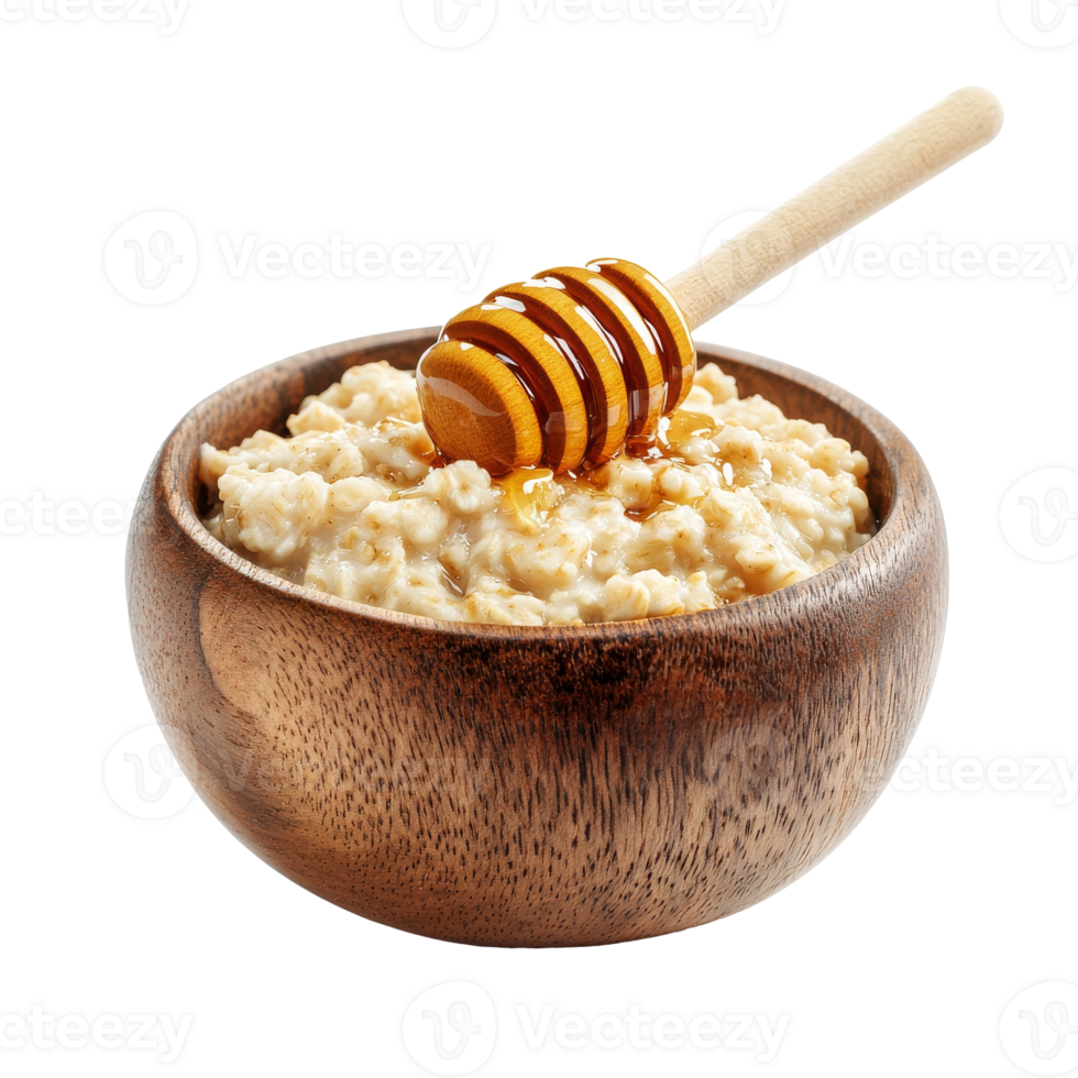 Warm oatmeal topped with honey in a wooden bowl png