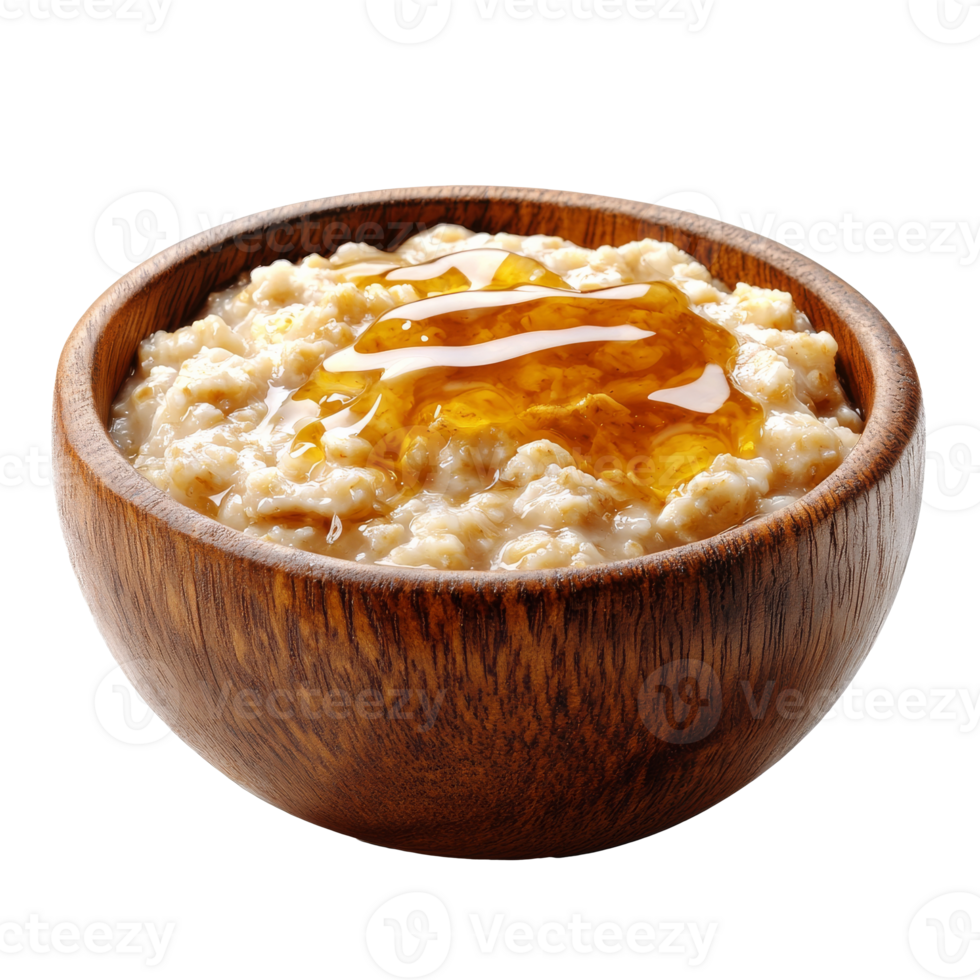 Warm oatmeal topped with honey in a wooden bowl png