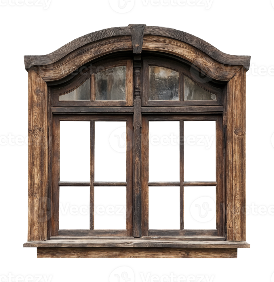 Rustic wooden window frame with arched top design png