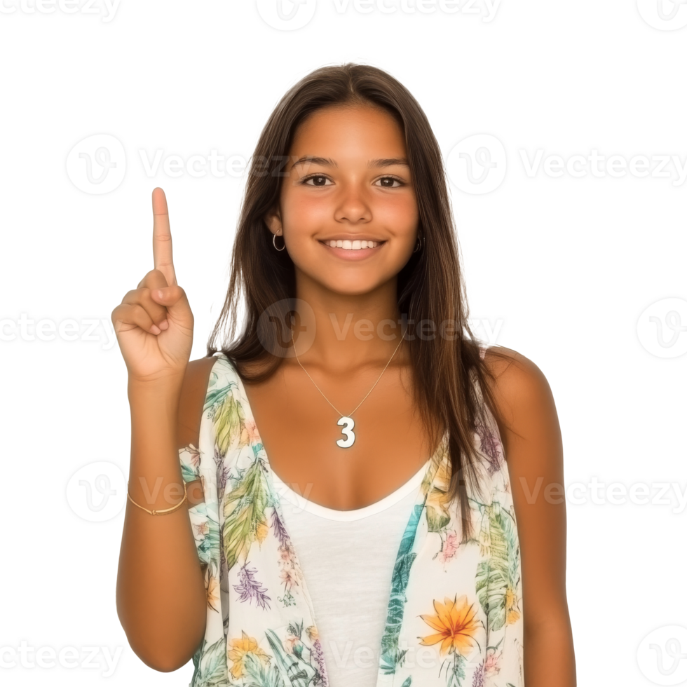 Young girl shows number one with a smile indoors png