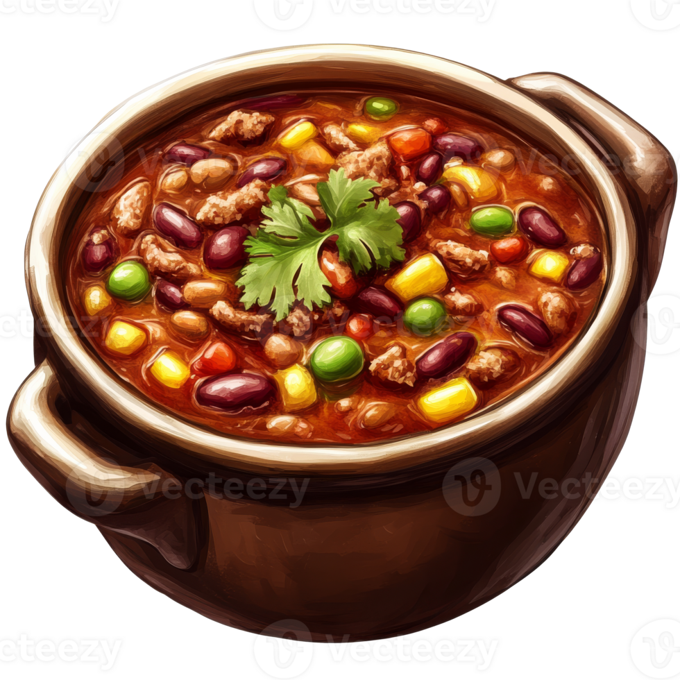 Hearty chili with beans and vegetables in a pot png