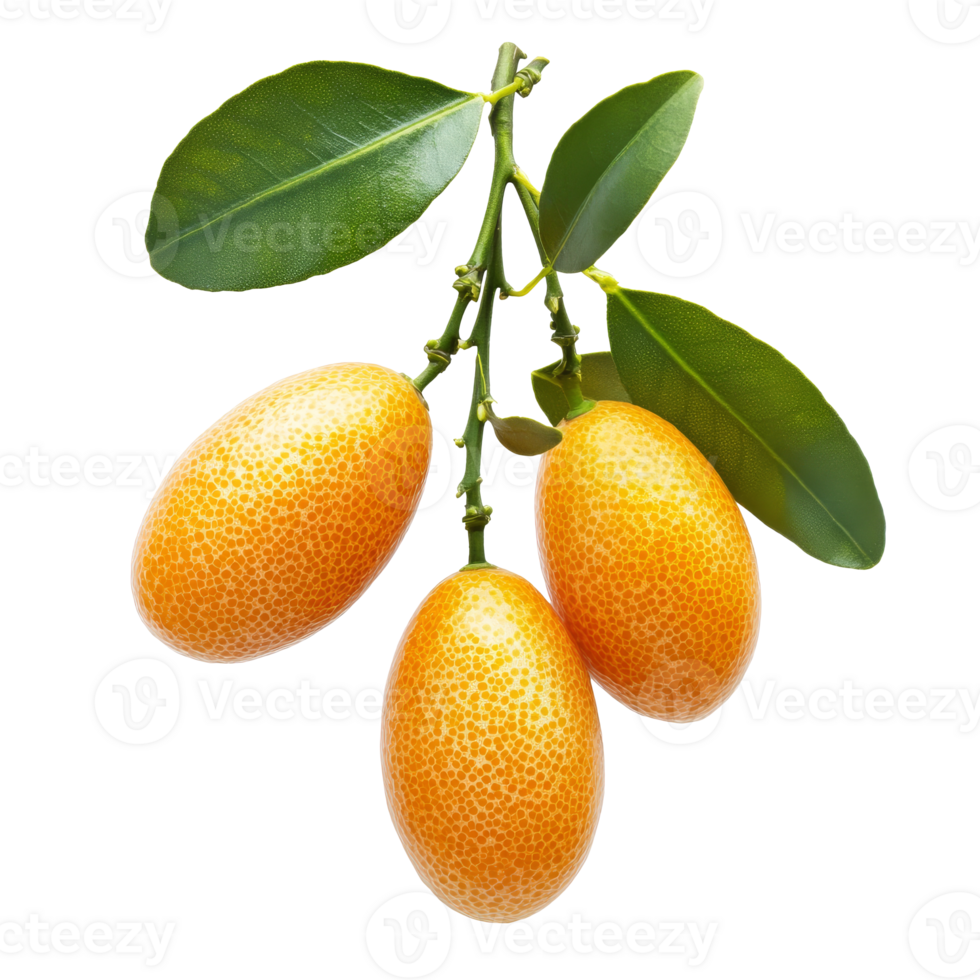 Fresh kumquats hanging from green branches png
