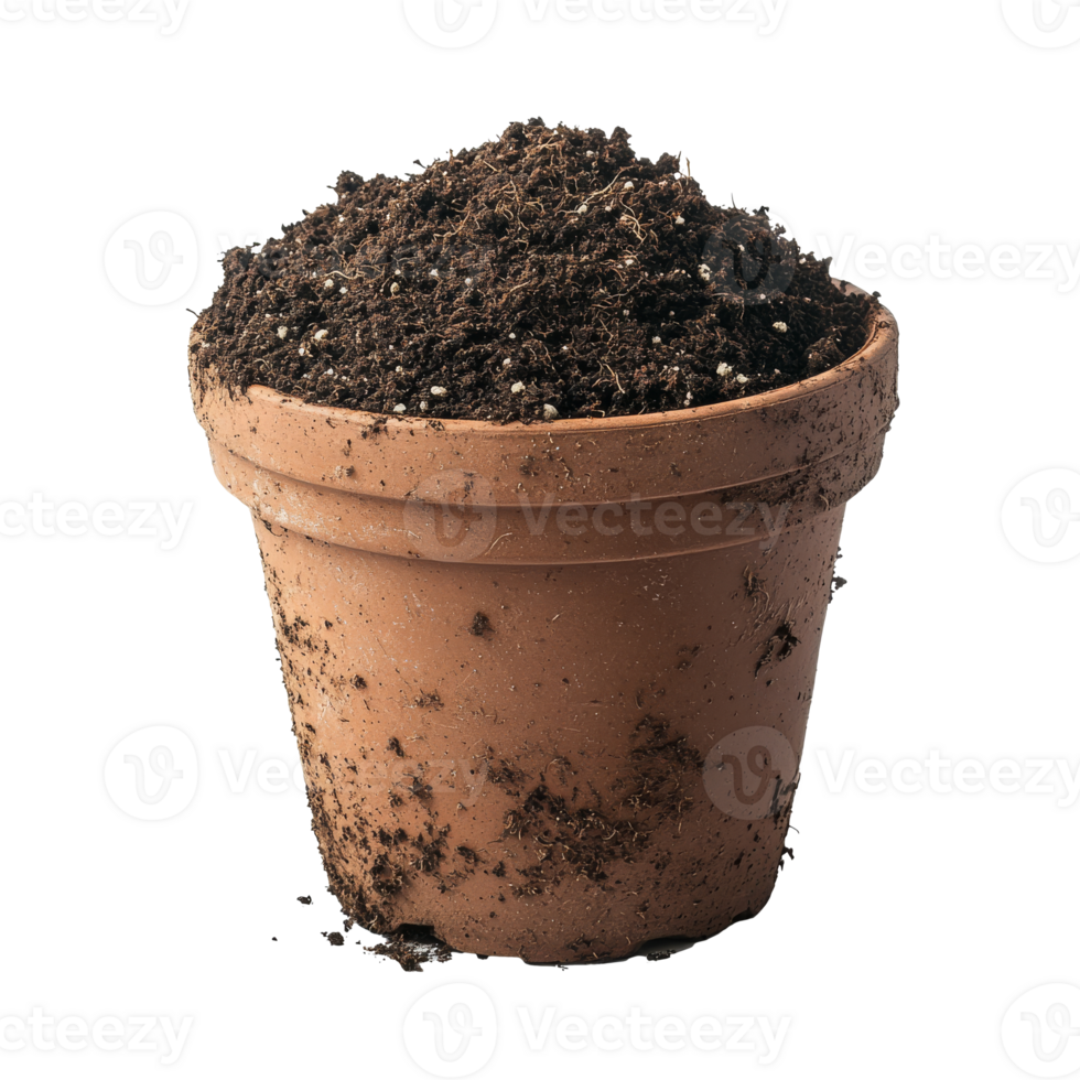Brown terracotta pot filled with rich potting soil png
