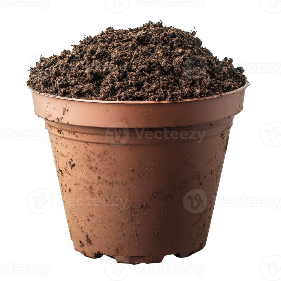 Brown pot of dark soil, great for plants png
