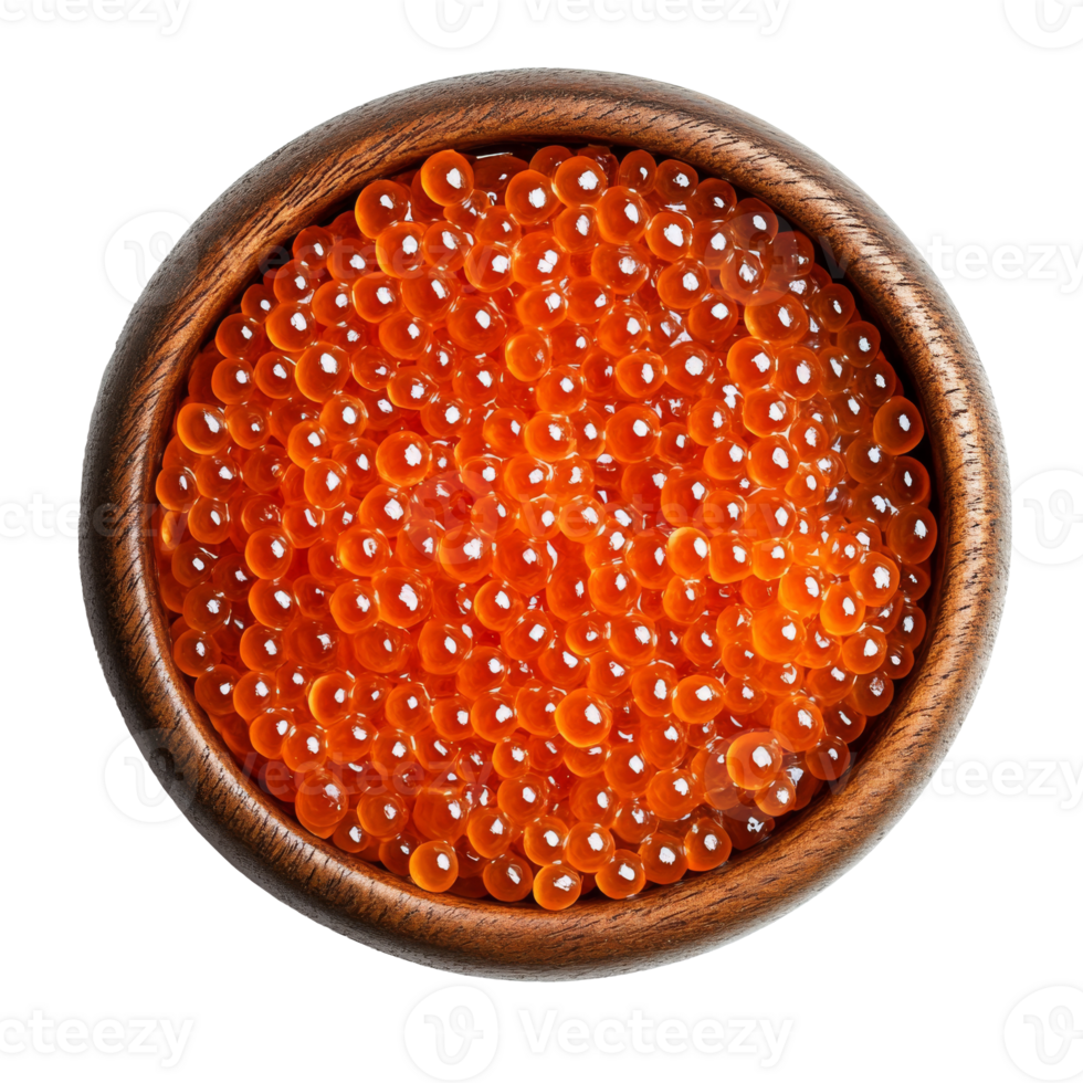 Fresh salmon roe in a wooden bowl for culinary use png