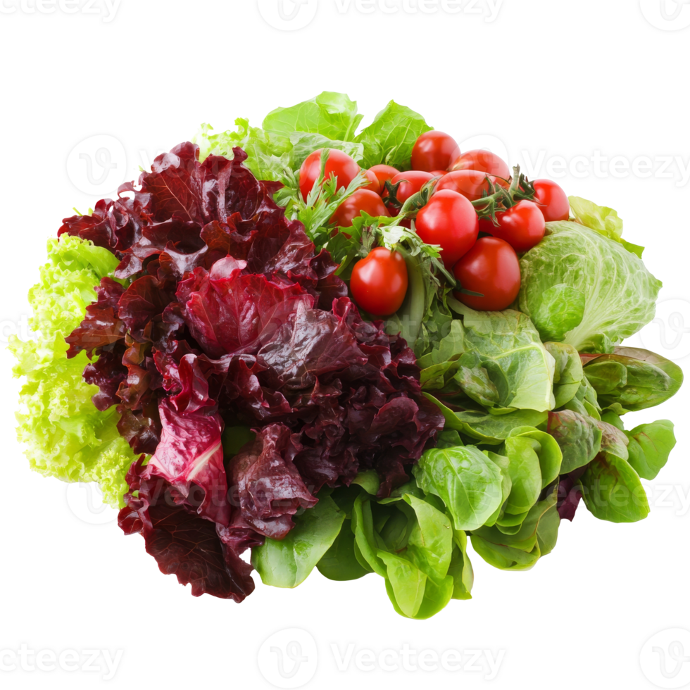 Fresh mixed greens and ripe tomatoes on display png