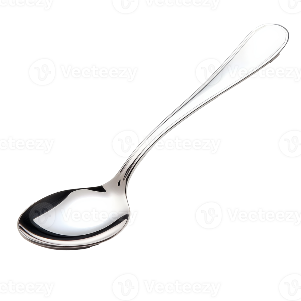 A shiny metal spoon resting on a white background png