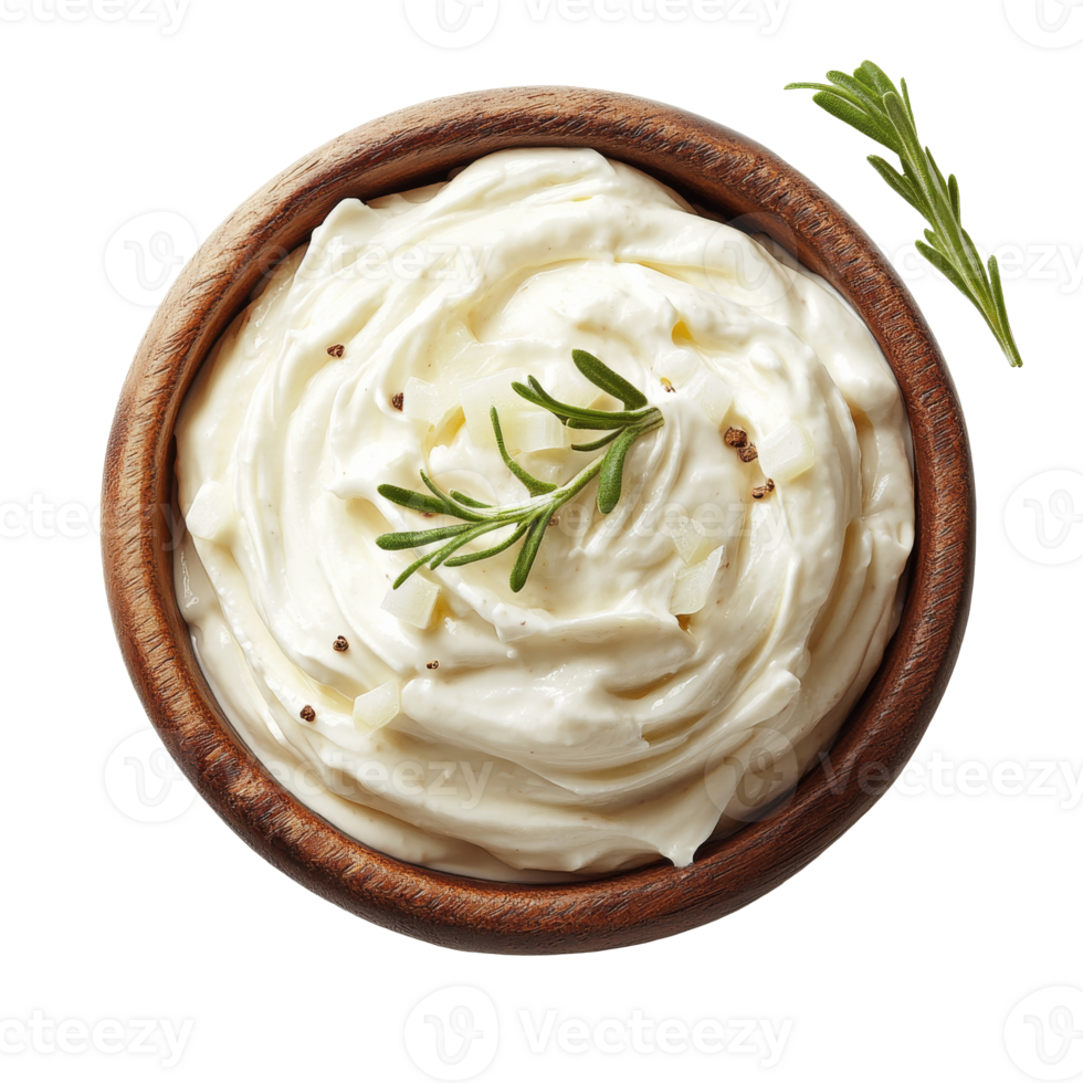 Herb dip in wooden bowl on table png
