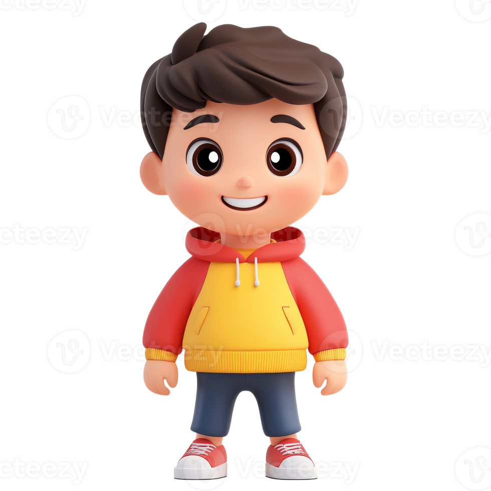 Child character in colorful hoodie stands happily png