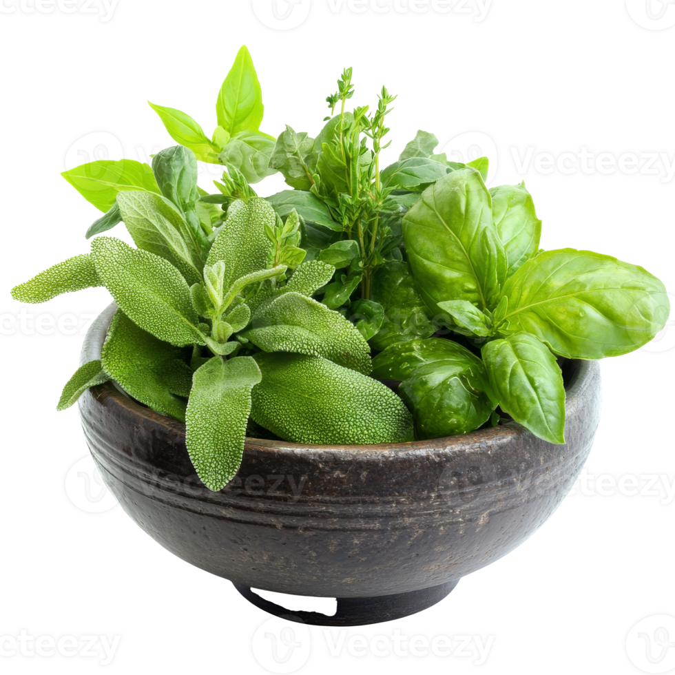Fresh herbs in a wooden bowl on a white background png
