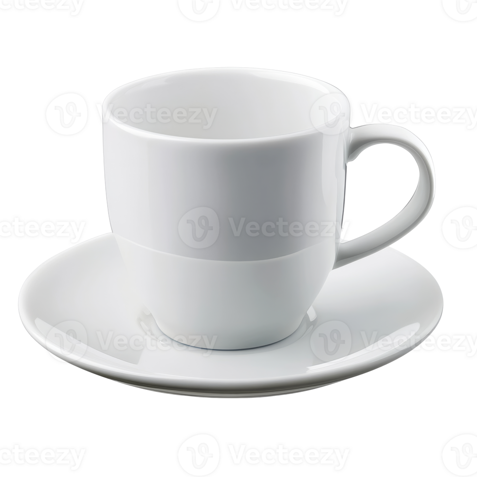 Simple white coffee cup on a saucer at a table png