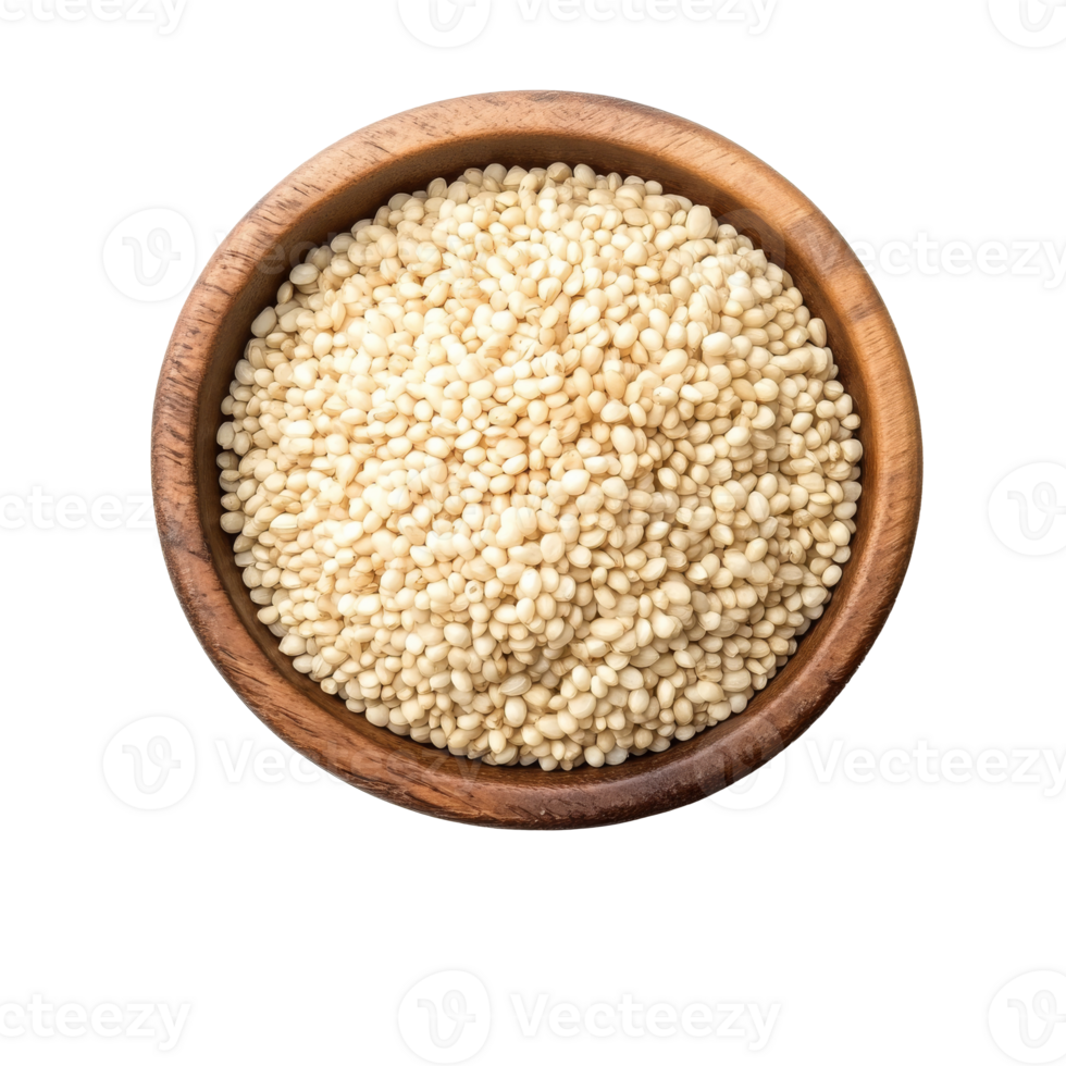White quinoa seeds in a rustic wooden bowl png