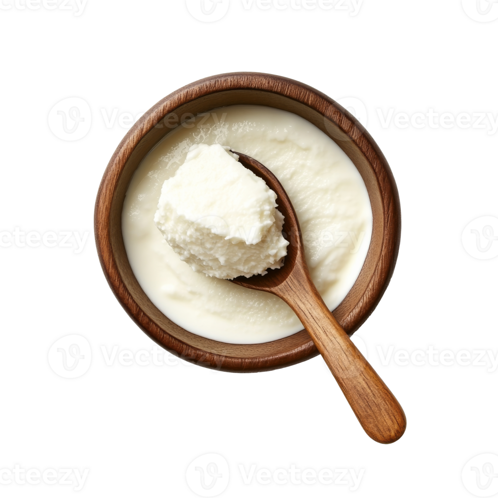 Creamy yogurt in a wooden bowl with a spoon png