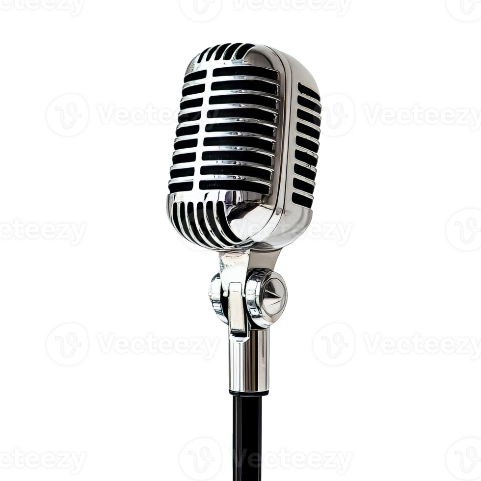 Classic silver microphone on a stand in a studio png
