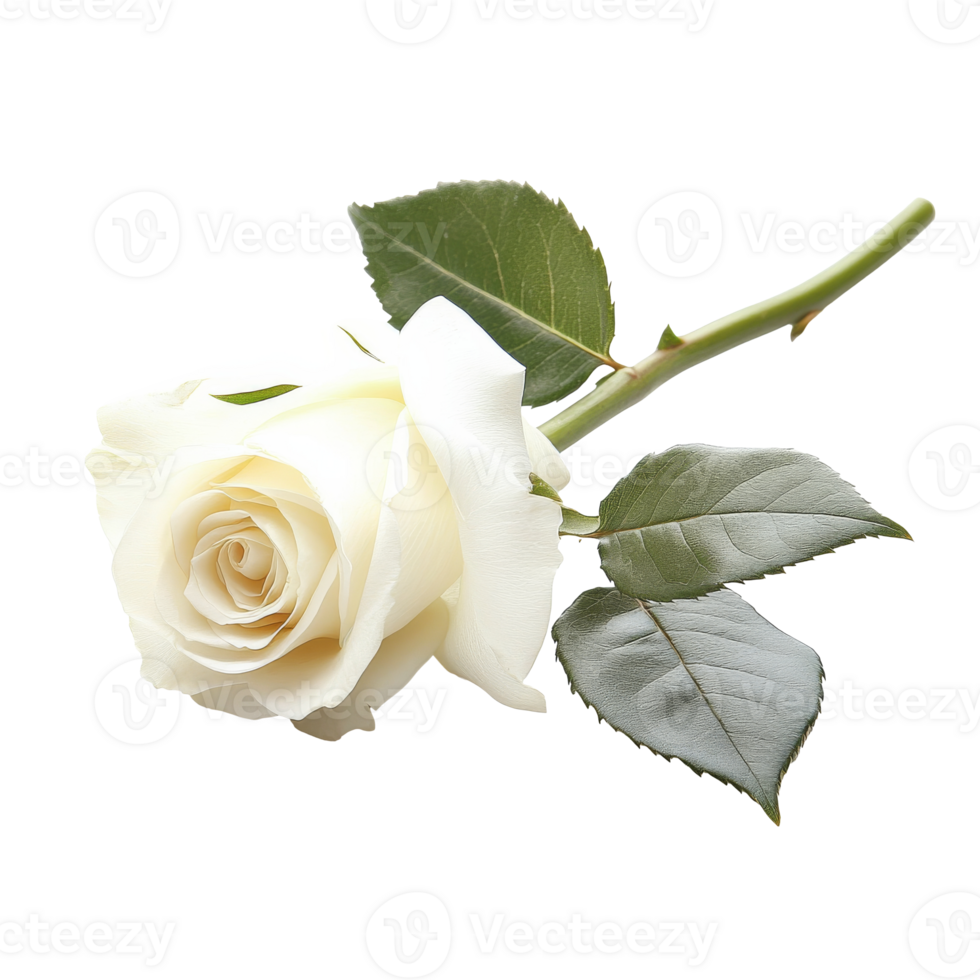 Beautiful white rose with green leaves on a stem png