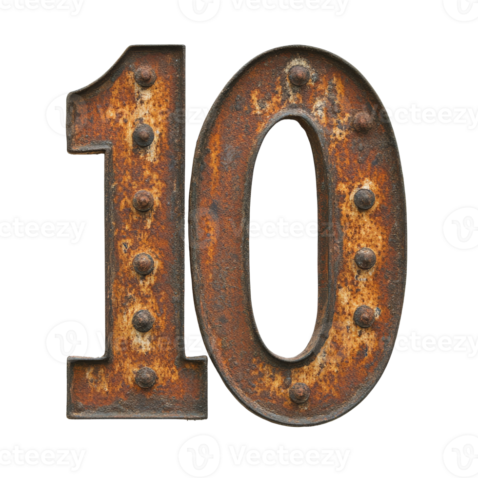 Old rusted metal number ten with rivets displayed png