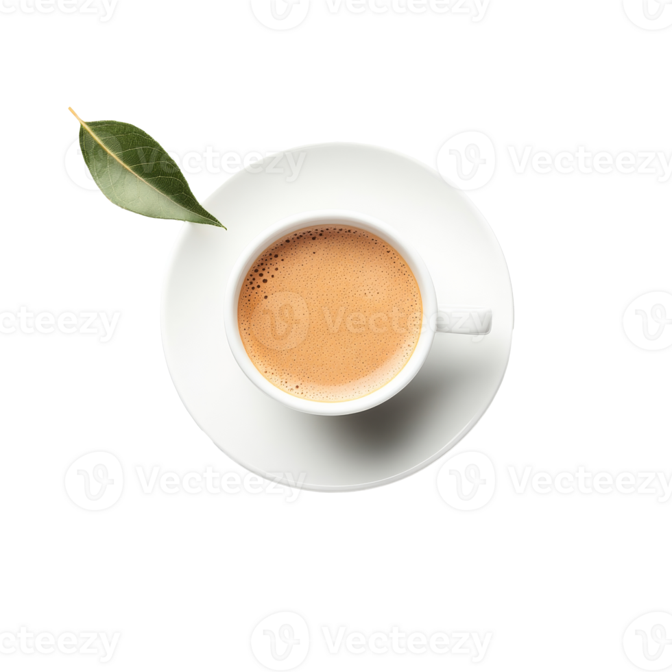 A cup of tea with a fresh leaf on a white plate png