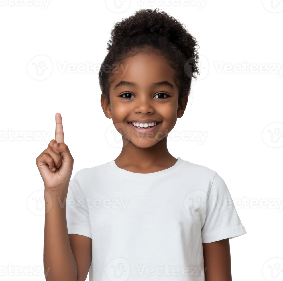 Happy young girl pointing upward with a smile png