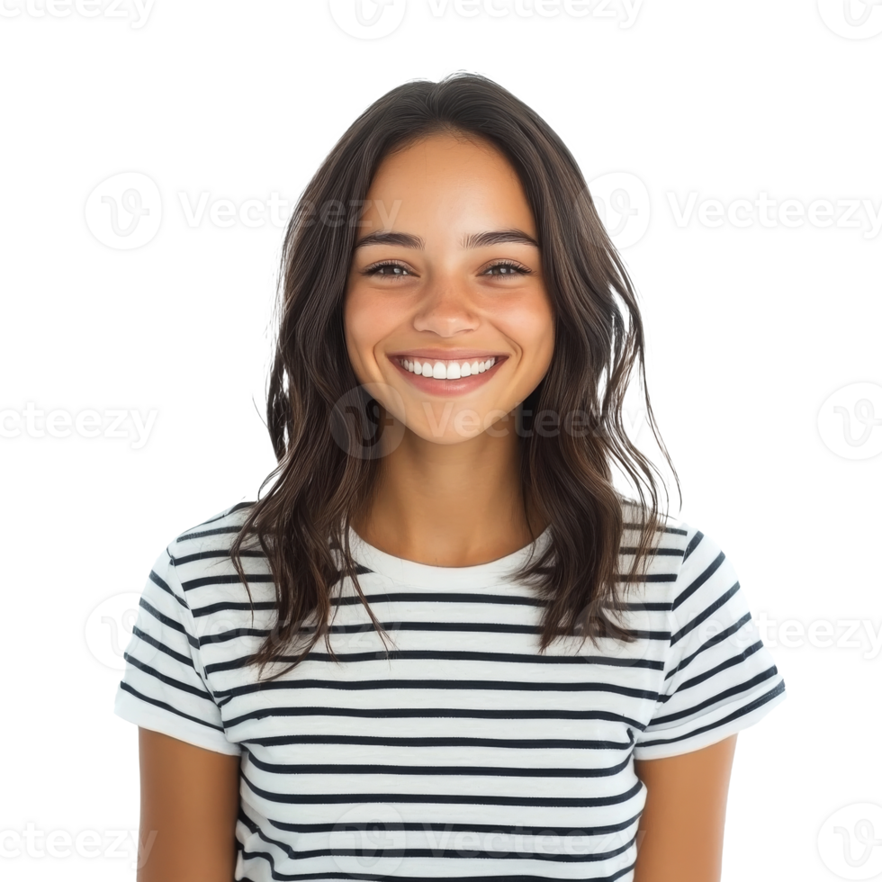Smiling woman in striped shirt, natural hair png
