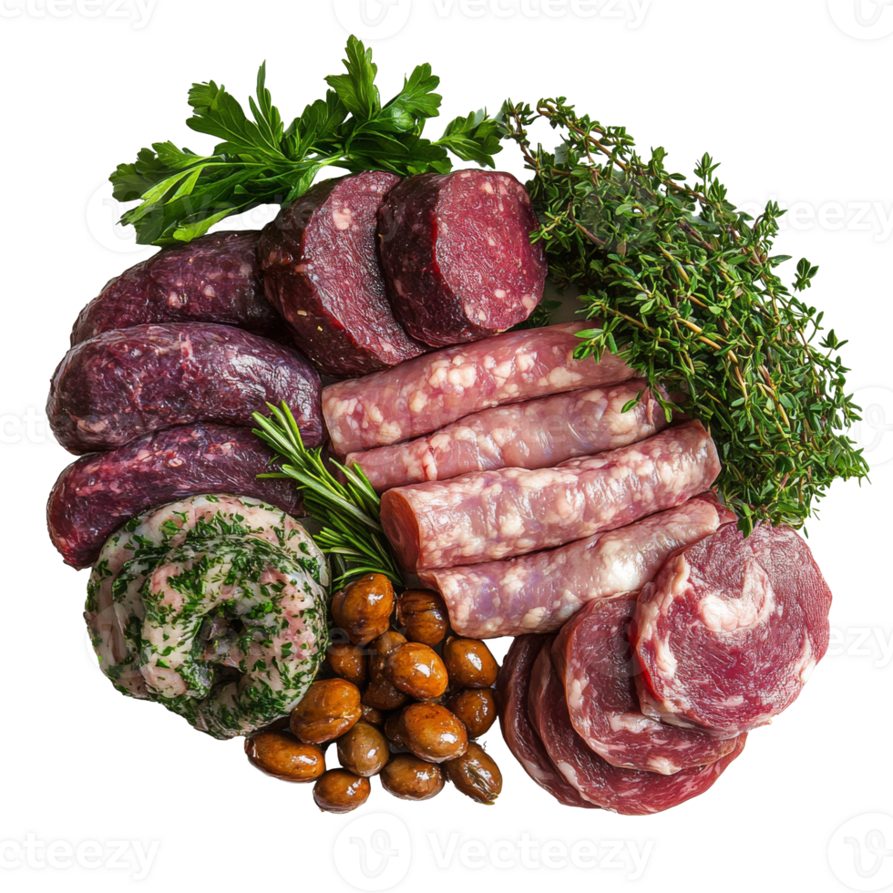 A colorful assortment of fresh meats and herbs png