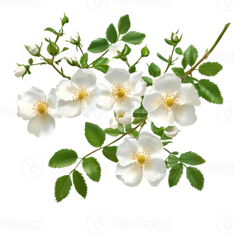 White roses blooming with green leaves on a branch png